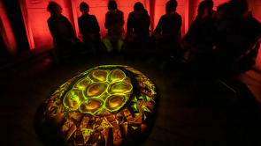 XYZ-Technologies_Parc-du-Bourg-de-Pabos_group-of-people-inside-a-wood-cabin-around-circular-video-projection