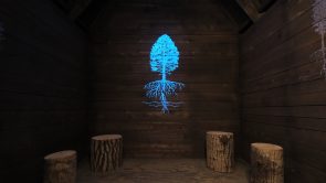 XYZ-Technologies_Terfa_wood-cabin-interior-with-blue-tree-illustration-on-wall