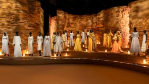 XYZ-Technologies_Christian-Dior-Designer-of dreams-exhibition-multiple-mannequins with dresses-in-a-cavern