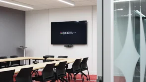 XYZ Technologies Espace Ax c exterior view large u shaped conference room flat panel display conferencing system